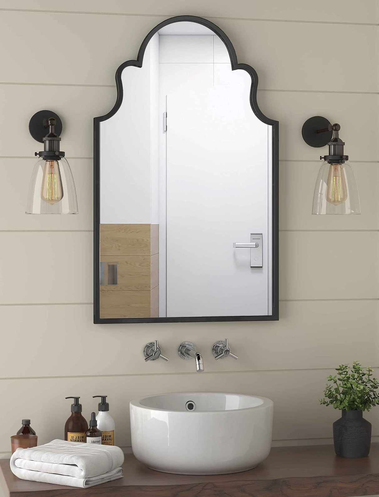 Black Arched Bathroom Mirror 36x22 - Metal Frame Wall Mirror