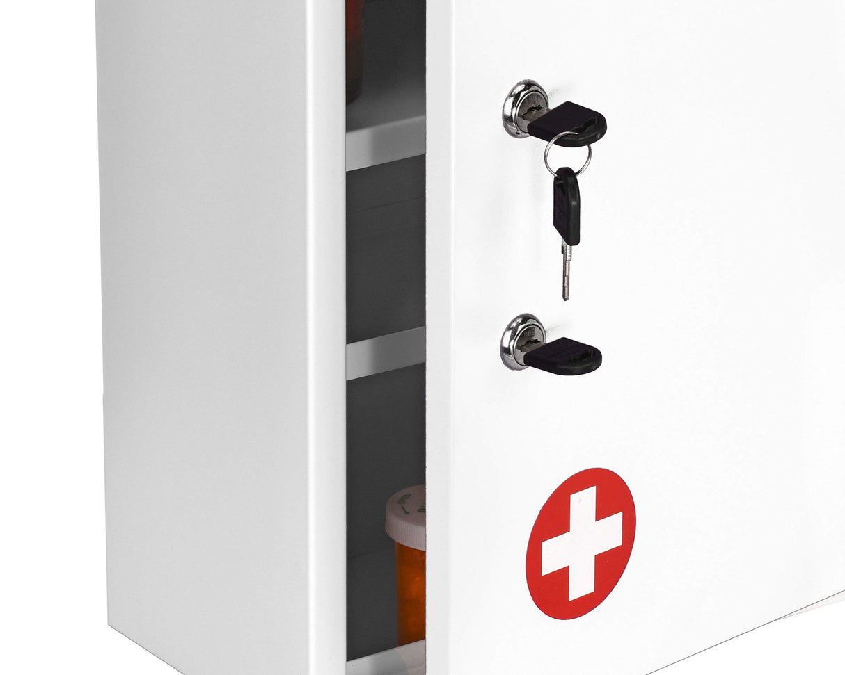 White Locking Medication Cabinet with Document Pocket, Metal Wall Mounted