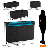 Black LED Dresser for Bedroom, Dresser with 9 Drawers and Charging Station