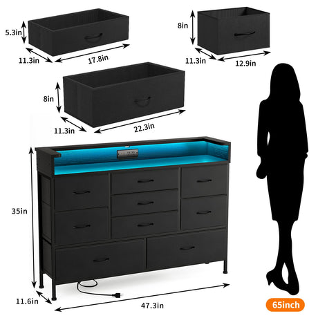 Black LED Dresser for Bedroom, Dresser with 9 Drawers and Charging Station