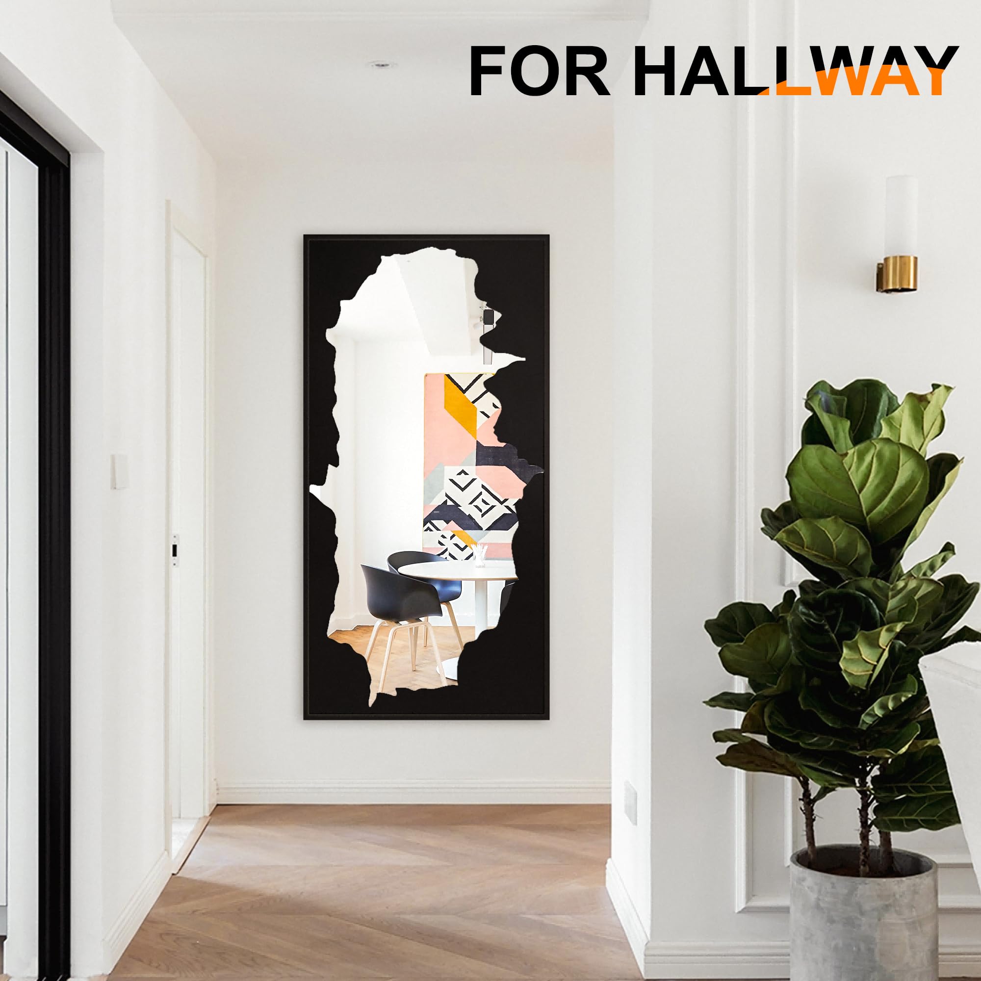 Full-Length Mirror Free Standing Leaning Mirror with Artistic Black Abstract Overlay Deco, 55"x28" Shatterproof Wall-Mounted Mirror, Perfect for Living Room, Bedroom, Cloakroom, and Bathroom Decor