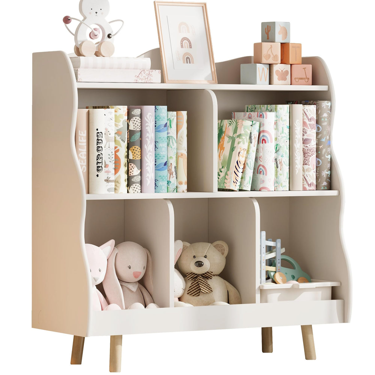 Bookshelf and Toy Storage Orangizer, 3-Tier Wooden Children's Bookcase with Curve