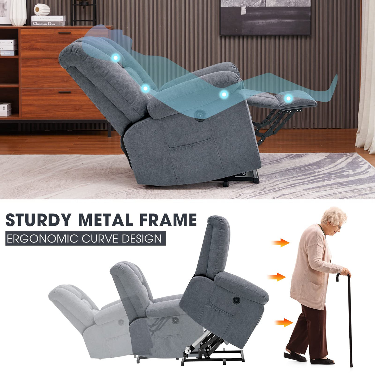 Electric Power Lift Recliner Chair for Elderly with Massage and Heat, Fabric Lift Recliner