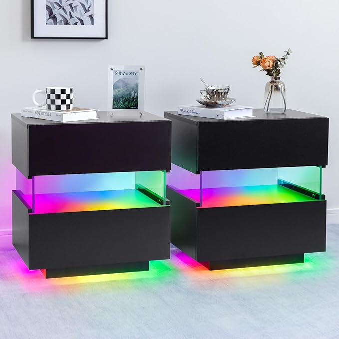 White Night Stand LED Nightstand with 2 Drawers Modern Bedside Tables for Bedroom