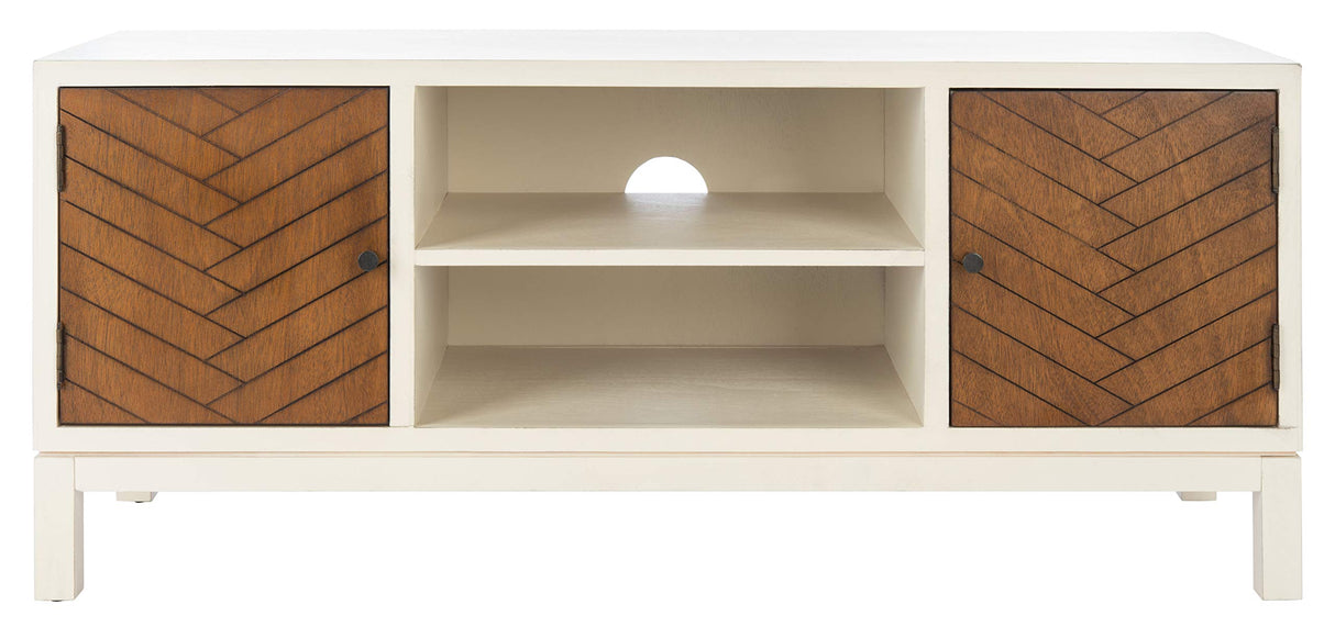 SAFAVIEH Home Collection Ajana Distressed White and Honey Brown 2-Door 1-Shelf Media 50-inch Flatscreen TV Stand