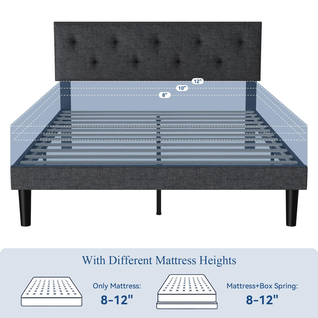 Full Size Platform Bed Frame with Fabric Headboard, Strong Wooden Slats, Non-Slip