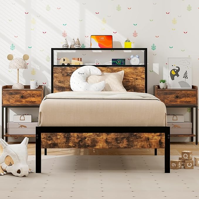 Queen Bed Frame with 2-Tier Storage Headboard, Industrial Metal Platform Bed