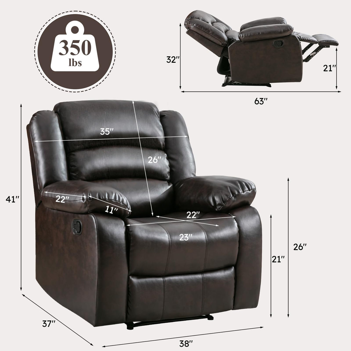 Recliner Chair, Breathable Faux Leather Reclining Chairs with Overstuffed Arm and Back, Living Room Single Sofa Recliners (Dark Brown)