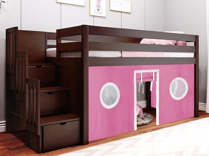 Contemporary Low Loft Twin Bed with a 3 Drawer Stairway, Gray with Gray & White Tent