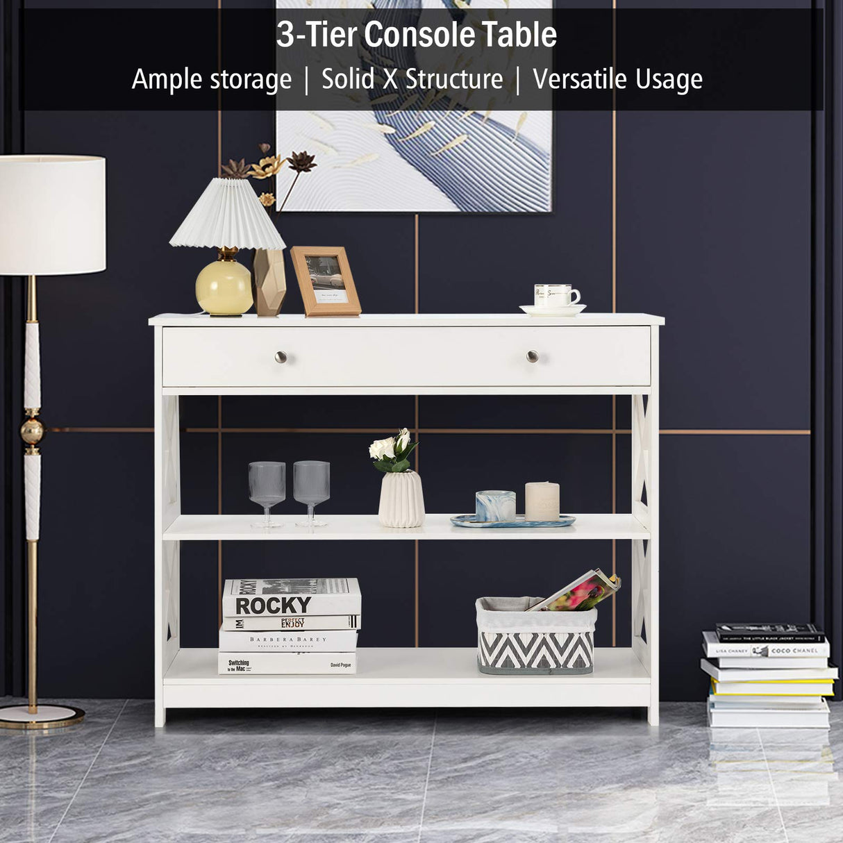 3-Tier Console Table with Drawers, Compact Sofa Table with 2 Shelves and Spacious Desktop,