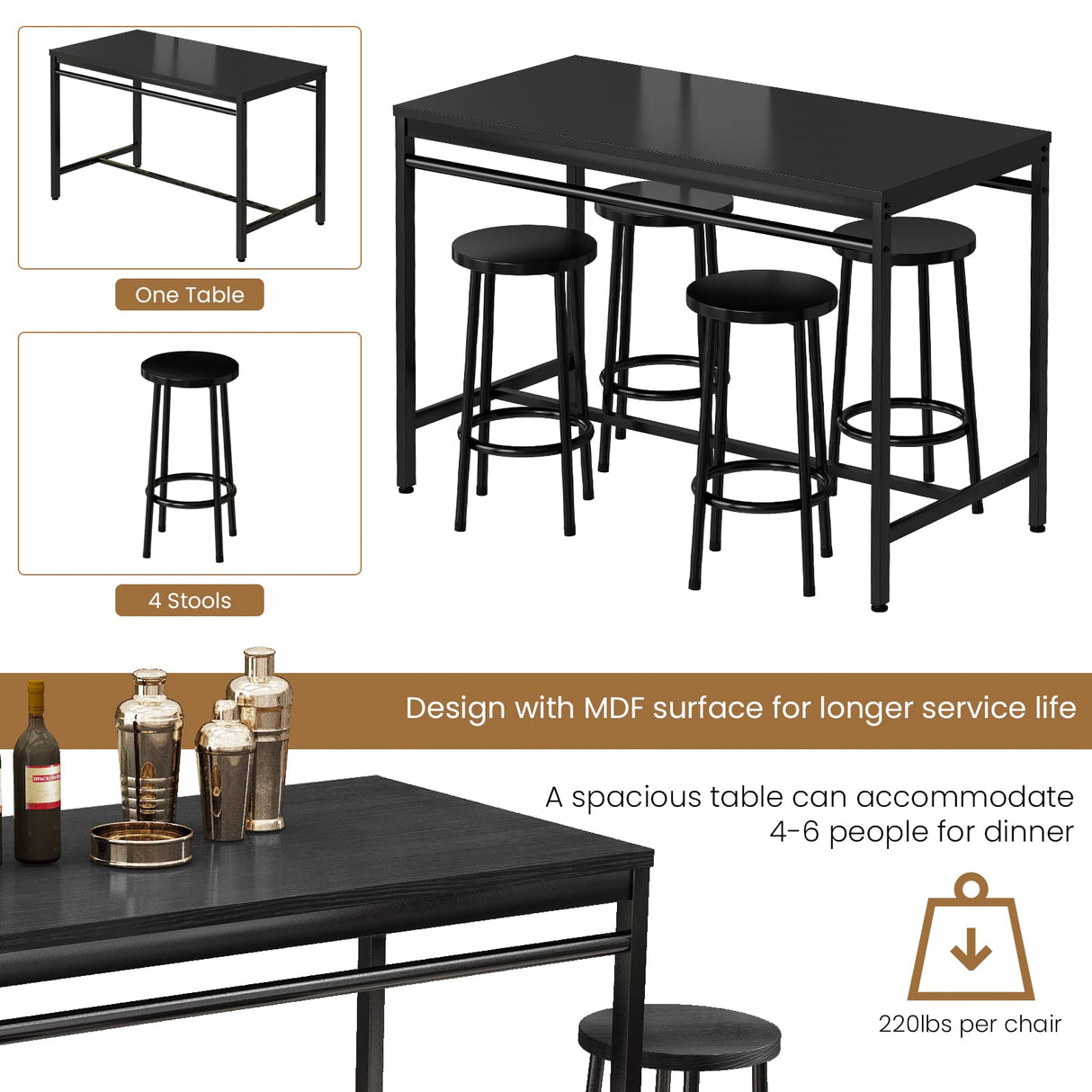 5-Piece Dining Table Set, Kitchen Table and Chairs Set for 4, Industrial Outdoor Bar