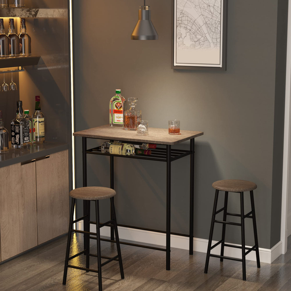 Bar Table with 2 Bar Stools, Pub Dining Table Set, Kitchen Counter Height Table