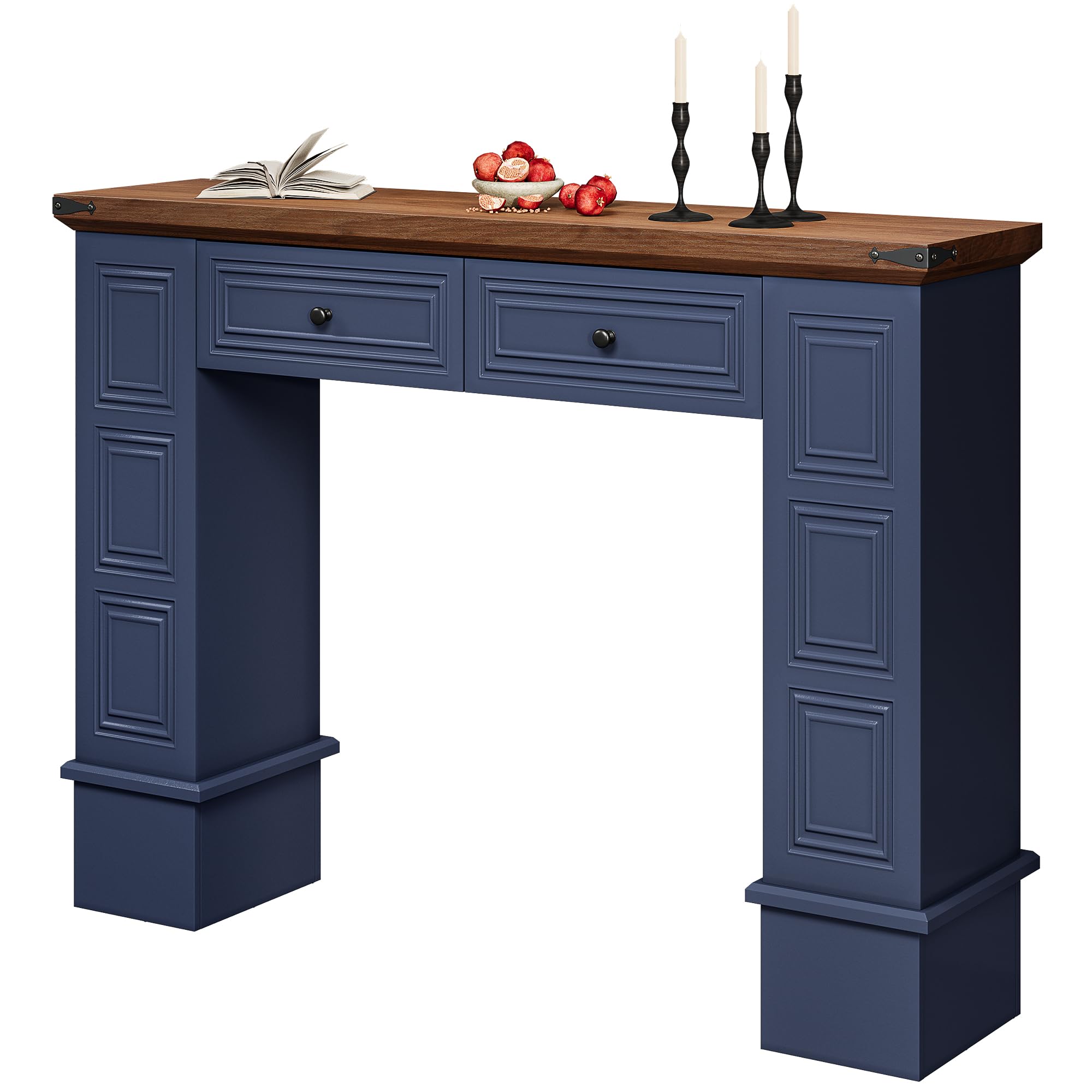 Farmhouse Console Table with Storage - Navy Blue & Walnut