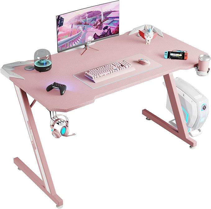 PC Gaming Desk 44 Inch Z Shaped Carbon Fiber Surface Desktop Computer Table with Cup Holder