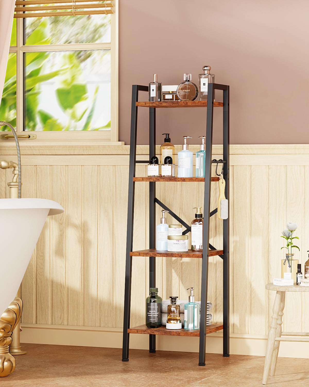 4 Tier Ladder Shelf,Narrow Bookshelf with 2 Hooks,Industrial Bookcase with Open Storage Shelves,Display Freestanding Shelf Units for Living Room,Bedroom,Kitchen,Bathroom,Rustic Brown