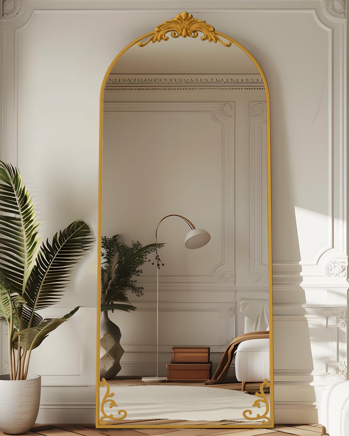 Arched Full Length Floor Mirror 64x21 - Vintage Gold Carved Frame