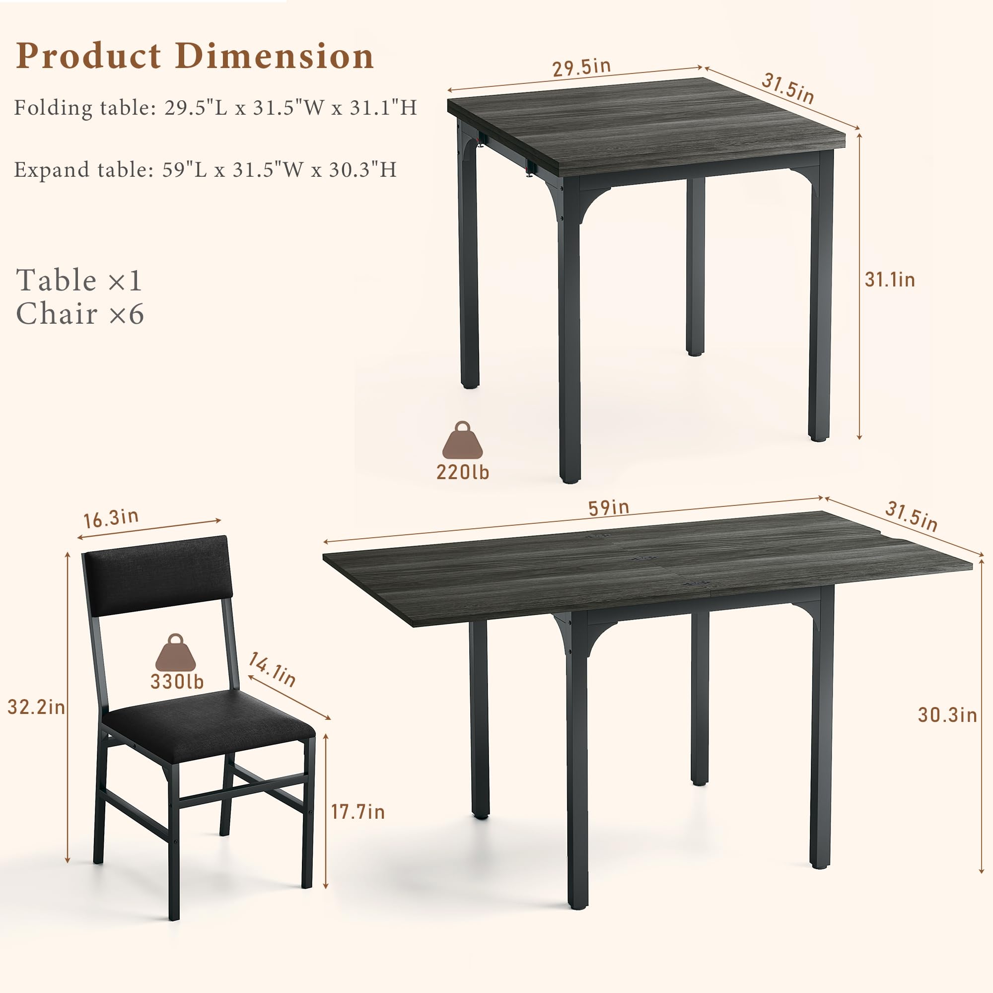 7-Piece Dining Table Set for 4-6, Extendable Kitchen Table Cushion Chairs Set of 6 with 6 Chairs, Rectangle Dining Table with Metal Frame & MDF Board, Folding for Small Apartment Saving Space,Grey Oak