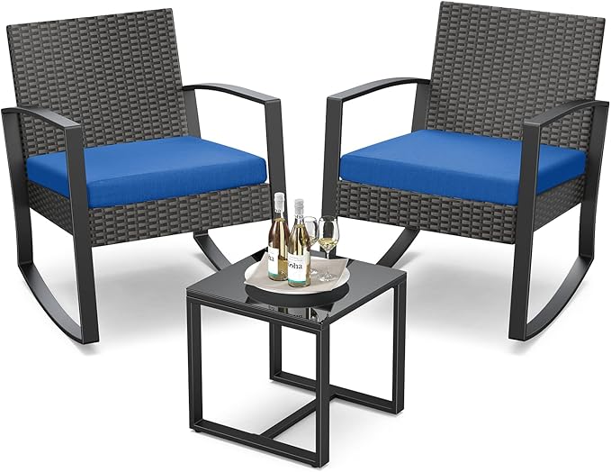 Qsun 3 Pieces Patio Furniture Set Rocking Bistro Set Outdoor Rattan Conversation