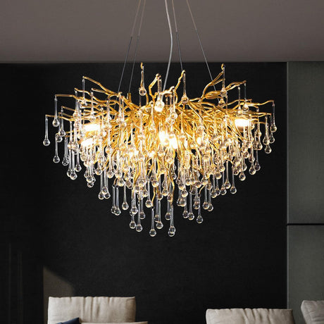 Gold Crystal Chandelier for Dining Room, Modern Raindrop Tree Branch Chandelier,