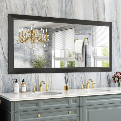 Black Bathroom Mirror, 60x28 Inch Thick Metal Framed Wall Mirrors for Over 2 Sinks,