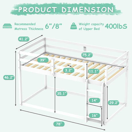 Bunk Bed Twin Over Twin, Floor Bunk Bed with Ladder, Solid Wood Low Twin Bunk Beds