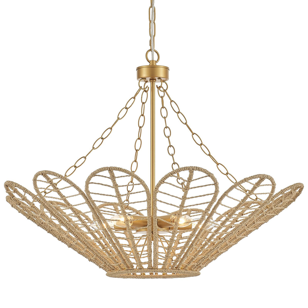 29" Natural Rattan Chandelier, with Boho Woven Wicker Flower Shade Antique Brass