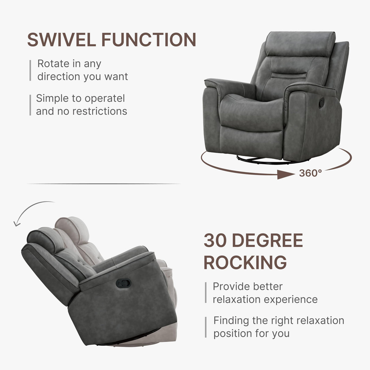 Leather Recliner Chair Swivel Rocker for Adults Manual Sofa for Living Room Bedroom