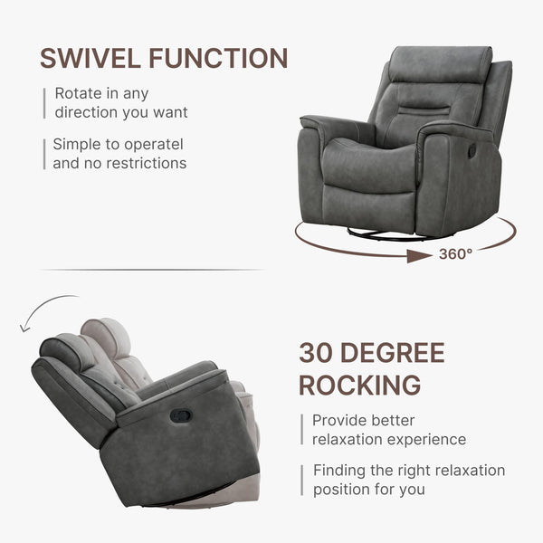 KISLOT Leather Recliner Chair Swivel Rocker for Adults Manual Sofa for Living Room Bedroom Home Theater Seating, Large-1PCS, Gray