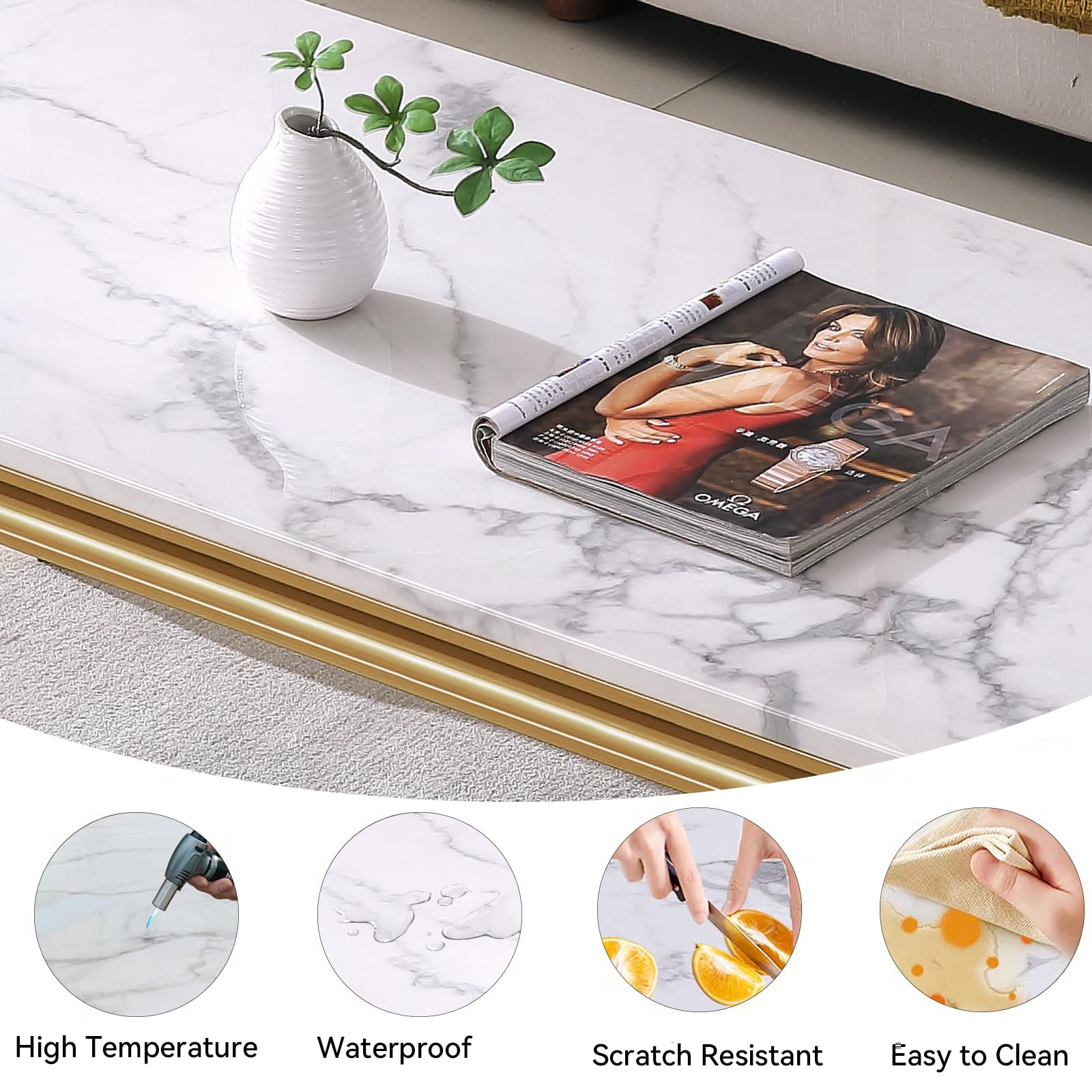 47" Coffee Table with White Marble Top, Modern Rectangle Faux Marble Coffee Table