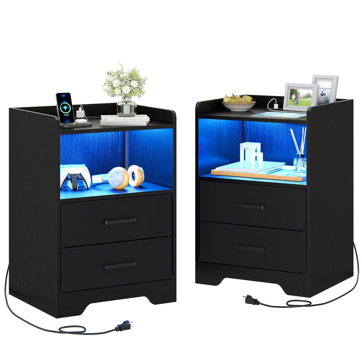 Nightstands Set of 2 with Charging Station and LED Lights, Modern Bedside Table