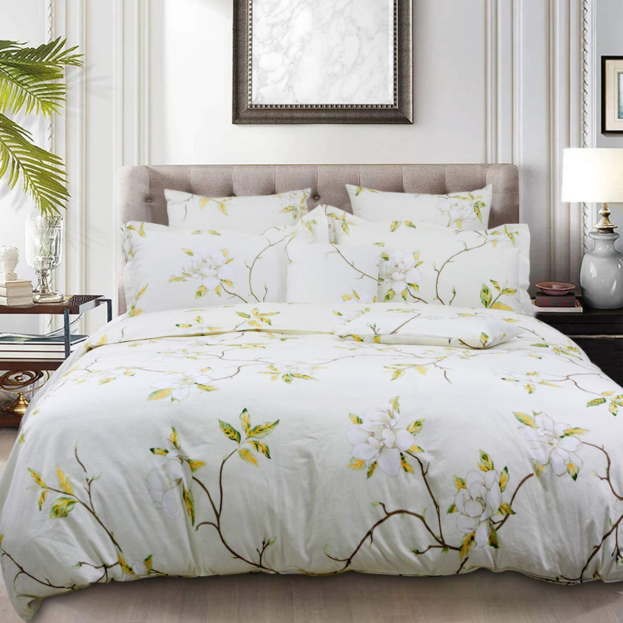 White Floral Duvet Cover Set 100% Cotton Farmhouse Bedding with Hidden Zipper Closure 3 Pieces,