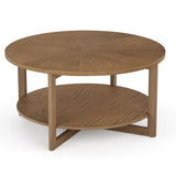 Round Coffee Table, 35" Rustic Modern Circle Coffee Tables with 2-Tier Storage Shelf