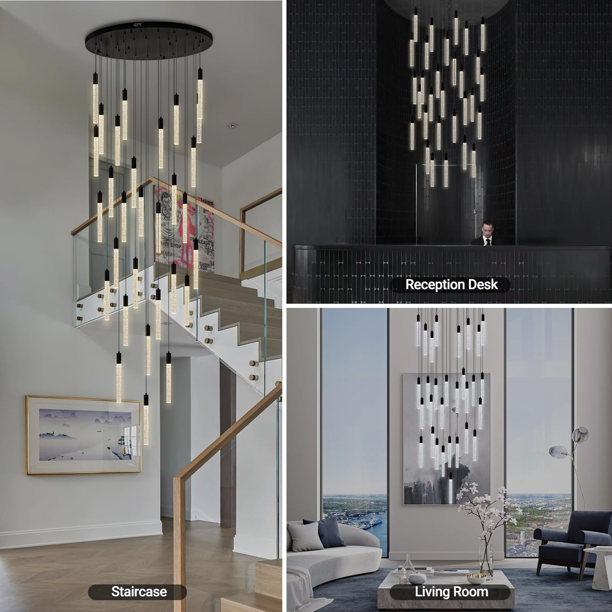 30-Light Modern LED High Ceiling Chandelier, Bubble Crystal Bar Staircase Chandelier, Large Black Height Adjustable Dimmable Light Fixtures, Pendant Lights for Living Room Entryway Foyer Stairwell