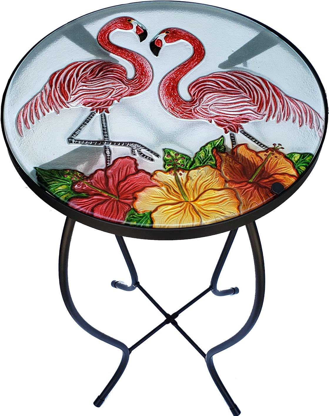 Glass Art Hand Painted Nautical Outdoor Accent Side Round Table (Fantastic Flamingo)