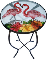 Glass Art Hand Painted Nautical Outdoor Accent Side Round Table (Fantastic Flamingo)
