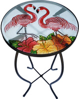 Glass Art Hand Painted Nautical Outdoor Accent Side Round Table (Fantastic Flamingo)