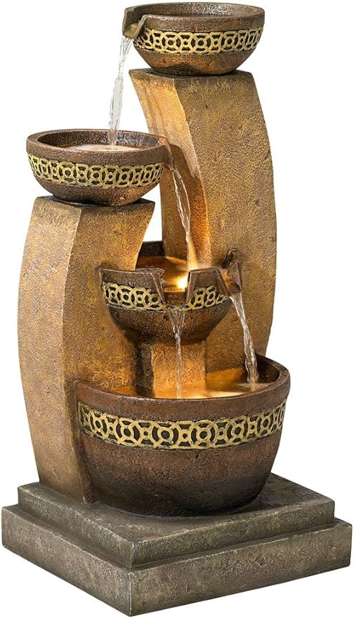 Mason Rustic Outdoor Floor Water Fountain 35" High with LED Light Cascading Three Bowls