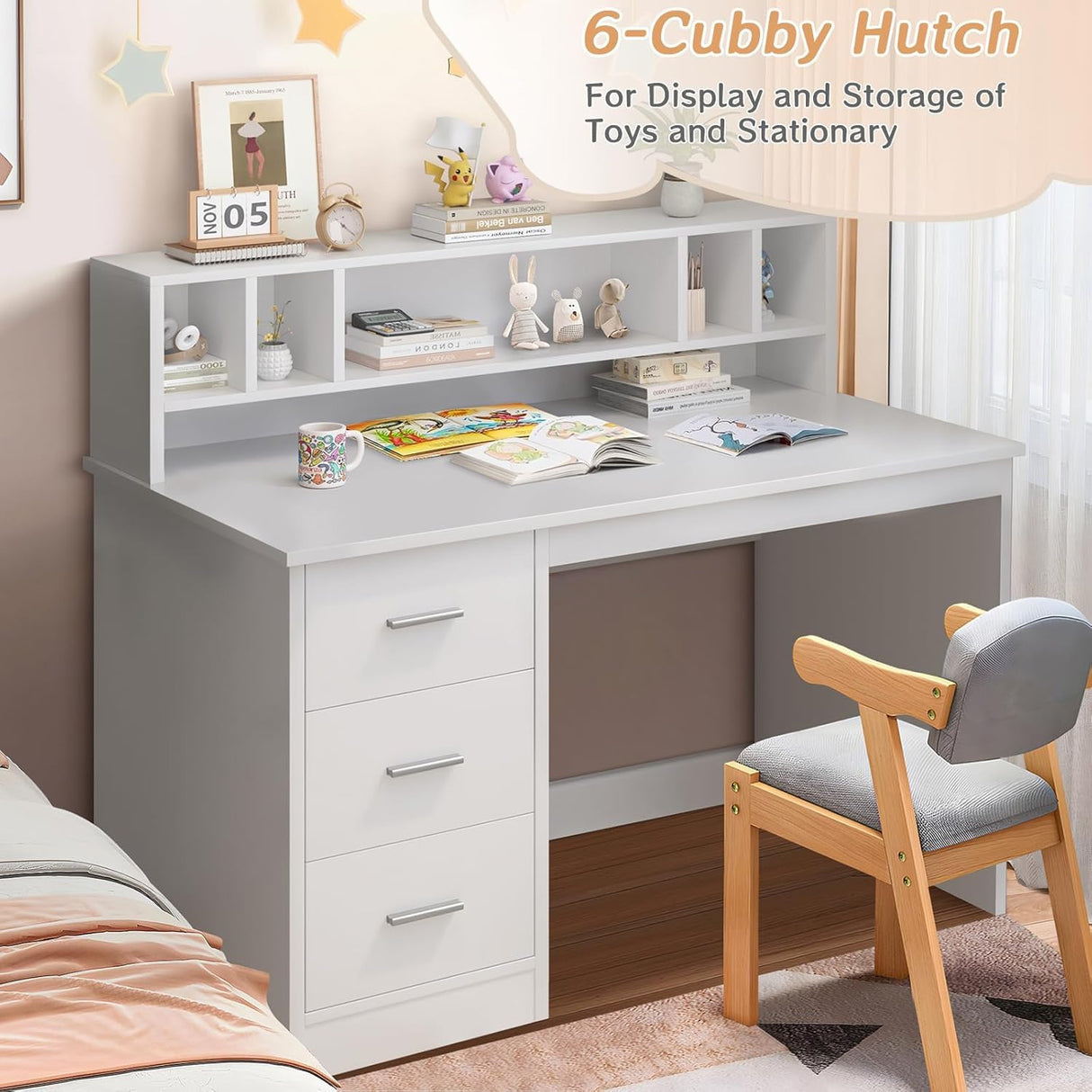 Drawers, Wooden Study Desk for Kids with Hutch, Drawing Writing and Learning Desk