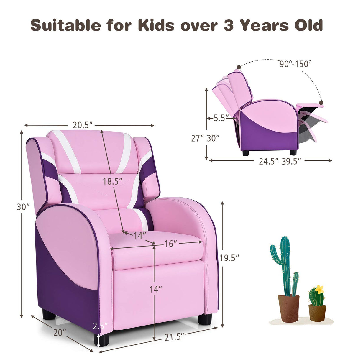 Kids Recliner, Gaming Recliner Chair w/Footrest, Headrest, Lumbar Support & Side Pockets