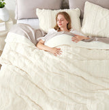 Fluffy Queen Size Comforter Set Cream, Jacquard Boho Texture Sherpa Bed Set