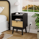 Rattan Nightstand Set of 2, Bedside Table with Charging Station, Modern Night Stand