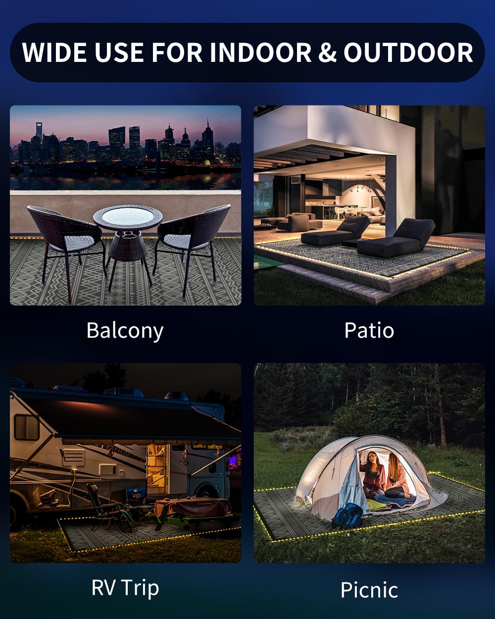 -Outdoor Rug Carpet 6x9 ft for Patio RV Camping with Led Strip