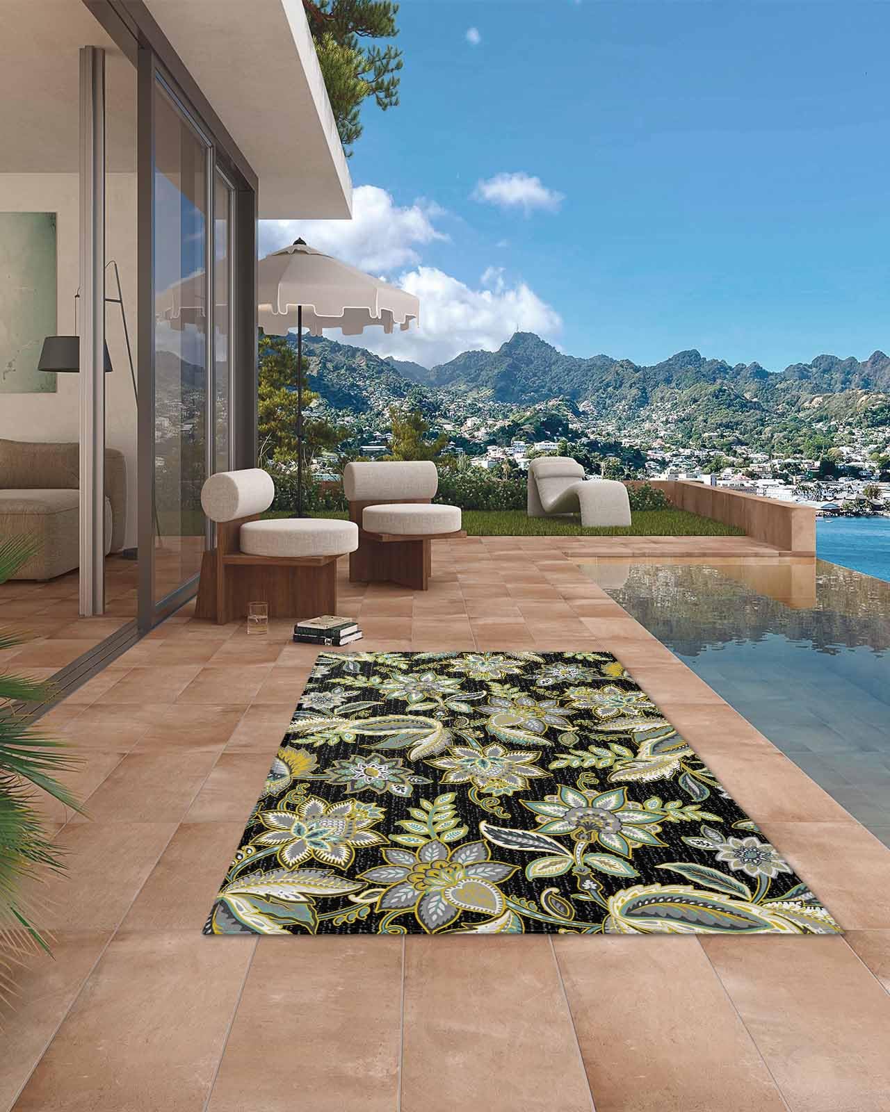 Outdoor Rug 6' x 9', Vintage Green Floral Large Non Slip Area Rugs