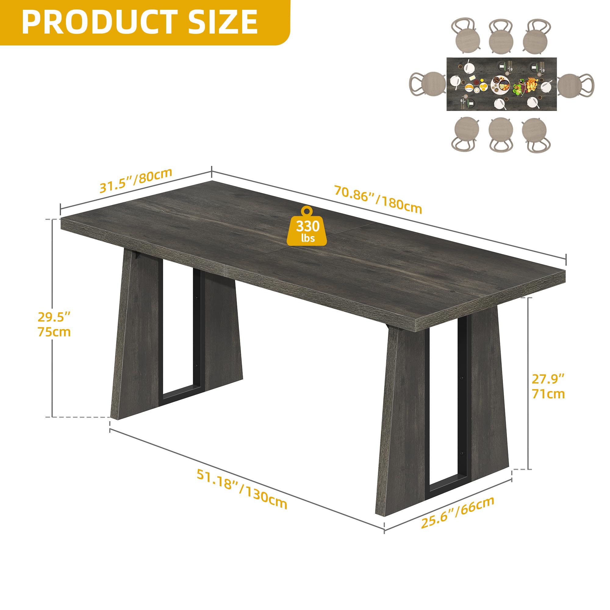 70.86 Inch Rectangle Dining Table for 6-8 People - Rustic Grey
