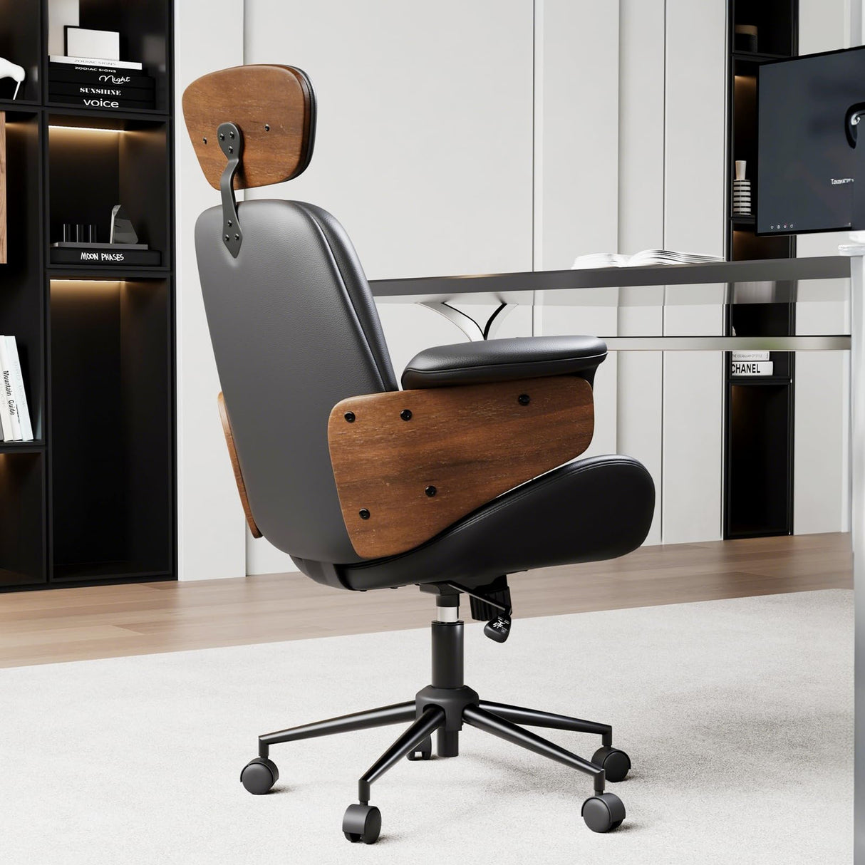 Home Office Chair with Wheels and Bentwood Arms, PU Leather Swivel Desk Chair