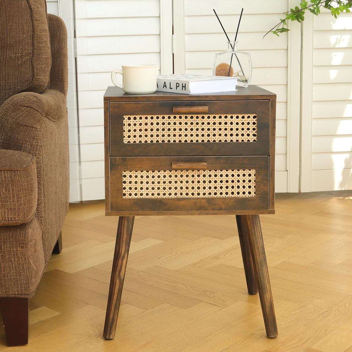 AWASEN Mid Century Nightstand, Modern Rattan Bedside Table with 2 Drawers, Wood Accent Side End Table with Storage for Bedroom and Office, Rustic Brown