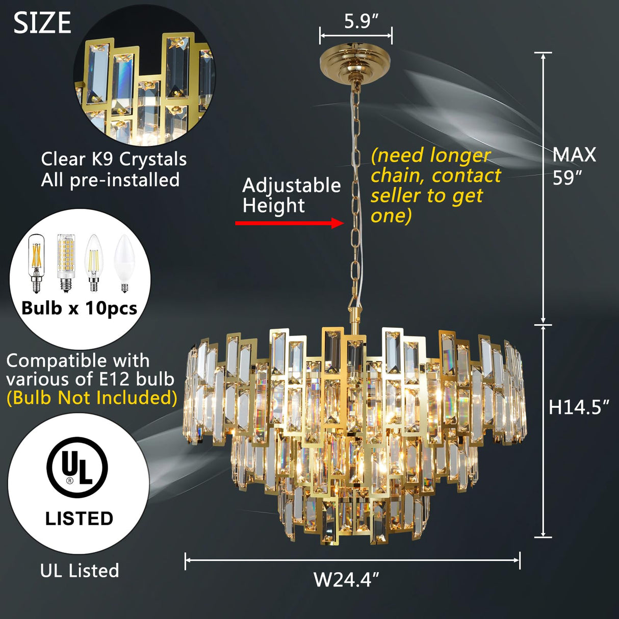 Crystal Chandelier Plated Gold Modern Round Chandeliers for Dining Room Bedroom