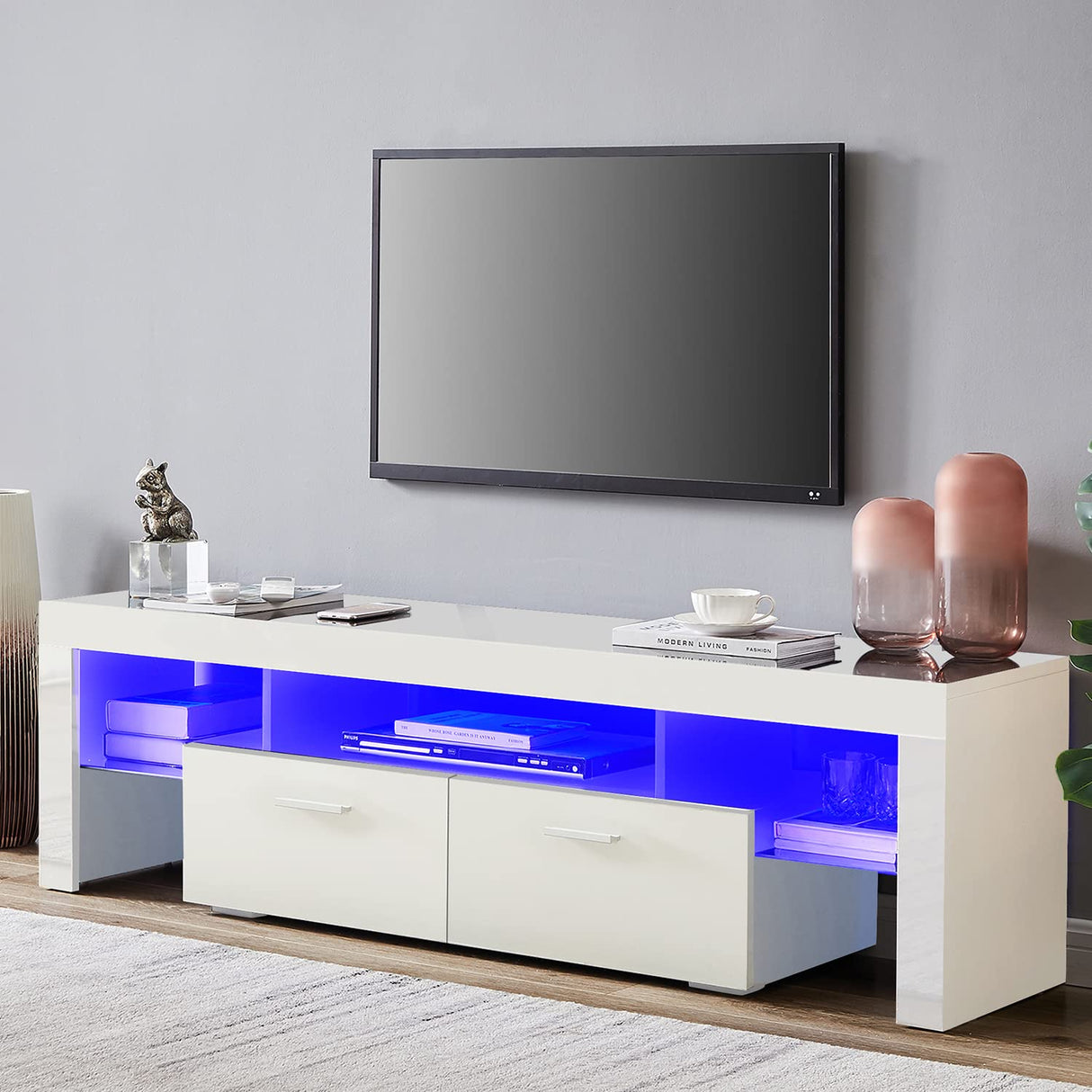 White LED TV Stand for 75 Inch TV, High Gloss TV Entertainment Center