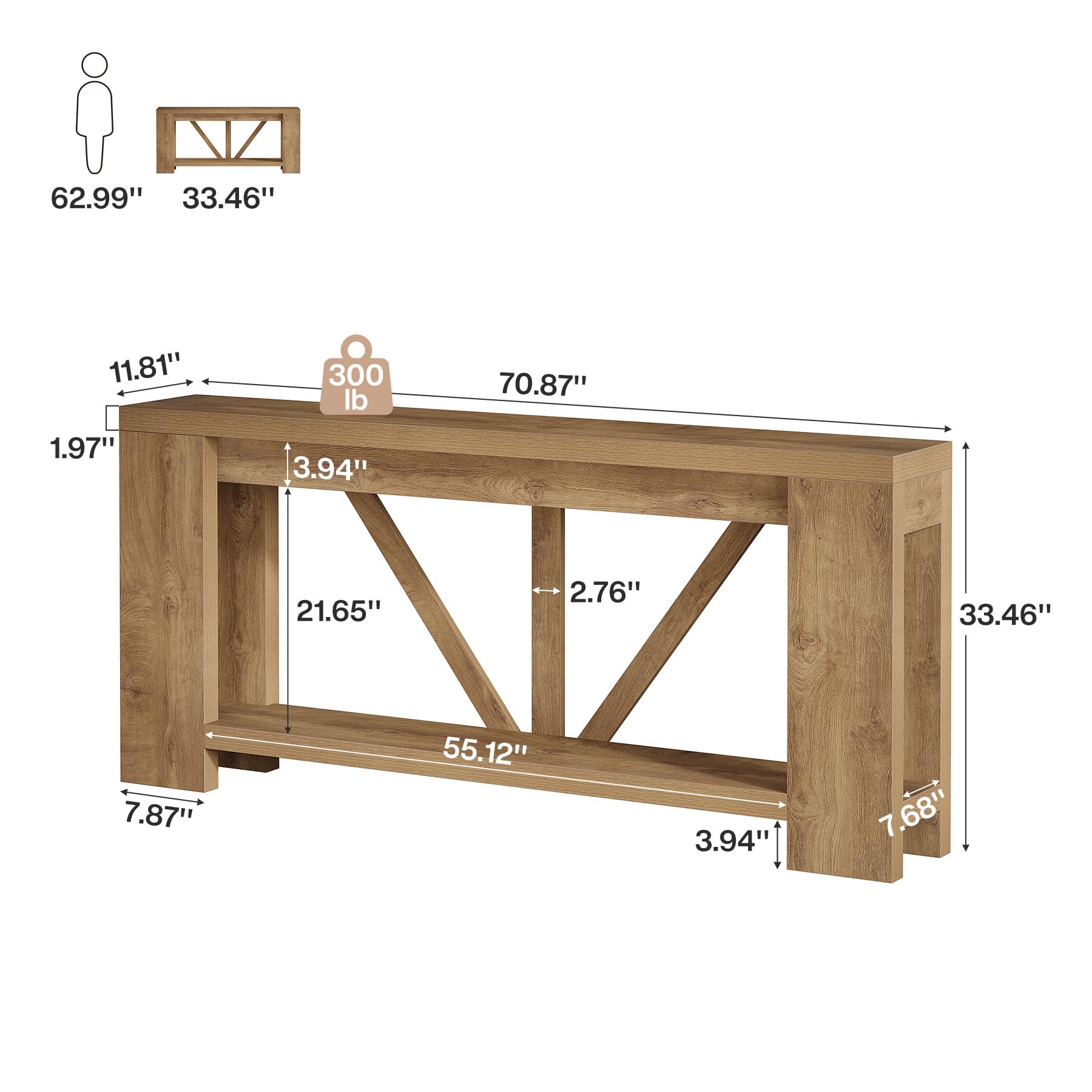 70.9" Extra Long Farmhouse Console Table with Storage - Light Brown