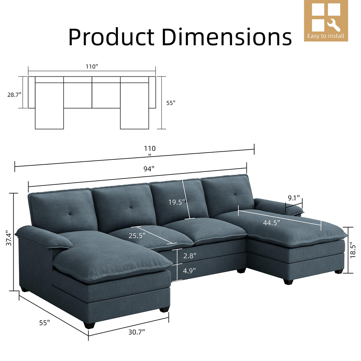 Sectional Couches for Living Room, U-Shaped Couch 4 Seat Sofa Set with Double Chaises,